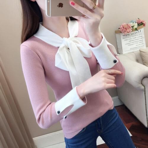 Women Sweater Bowknot 2021 Spring Autumn New Color Match Long-Sleeve Women Knitted Bottoming Shirt Female Elegant Short Top W50