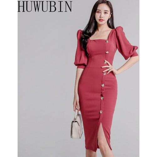 Womens Short Sleeve New 2021 Korean version Lantern Sleeve Square Collar Slim mid Long Single Breasted Split Dress
