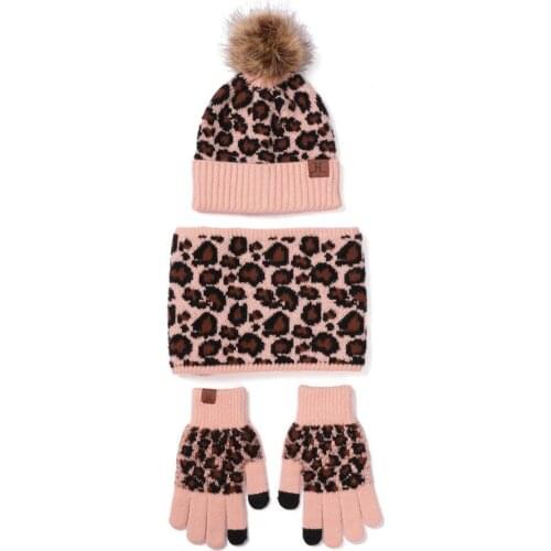 3Pcs/Set Women Winter Leopard Knitted Beanie Hat Touch Screen Gloves Warm Scarf
