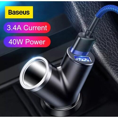 Baseus 3-in-1 Dual USB Car Charger for iPhone X Xs XR Xiaomi 3.4A Fast USB Car Phone Charger with Extended Power Supply Port