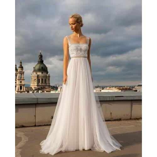 Boho Wedding Dress A-Line Square Collar Tank Lace Appliques Backless Button Sleeveless Floor Length Sweep Train Bride Gown New