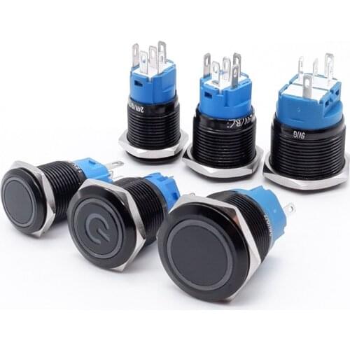 Black Push Button Switch Led Light 16/19/22mm Waterproof Illuminated Metal Flat Latching Momentary with Power Mark 5V 12V 220V