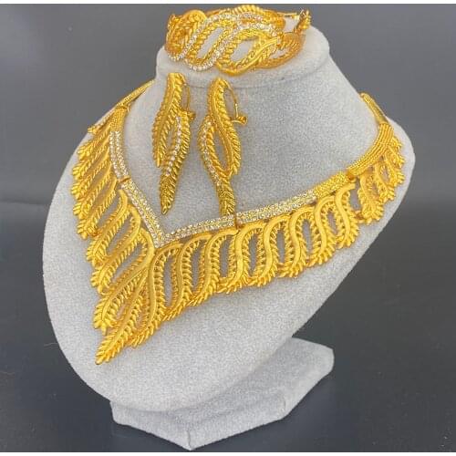 Ethiopian Dubai Jewelry Sets Gold Color Necklace Bracelet Earrings Ring for Women Nigerian Wedding Gifts African Collar
