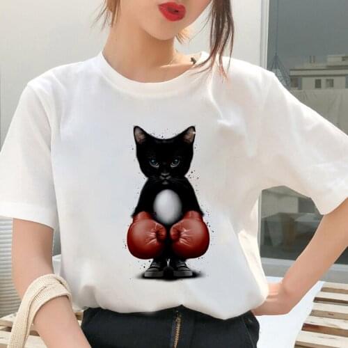 Fighting cat print T shirt Women personality New Summer Tshirt Harajuku aesthetics Funny Thin Section White Tops Female T-shirt