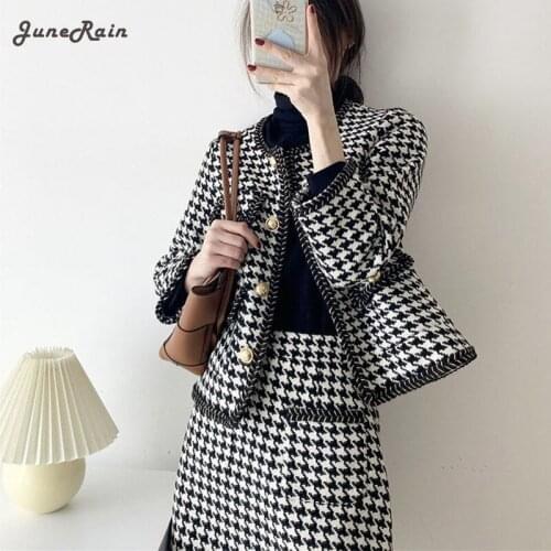 JuneRain Korean Houndstooth Vintage Suits Women 2 Piece Set Knitted Cardigan Coat + Bodycon Skirts Suits Casual Office Lady Sets