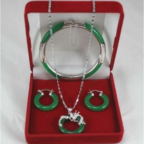 Fashion jewelry Set AAA+ Green/Red Jade Pendant Necklace+Bracelet+Earring Set