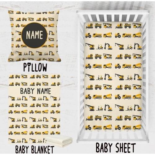 LVYZIHO Baby Boy Crib Bedding Set, Construction Vehicles, Black and Yellow Trucks Crib Sheet, Blanket, Custom Pillow