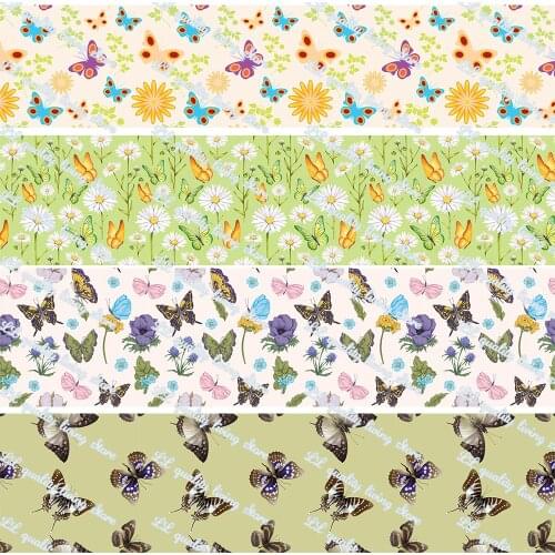 16-75mm Butterflies&Flowers Printed Grosgrain Ribbon/16mm Printed Elastic Foe Ribbons DIY Hair Bows Sewing Webbing 50 Yards