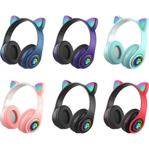 Flashing LED Cat Ear Wireless Headphones With Mic Stereo Music Earbud Noise Cancelling Headset Kids Gift For Online Learning HOT