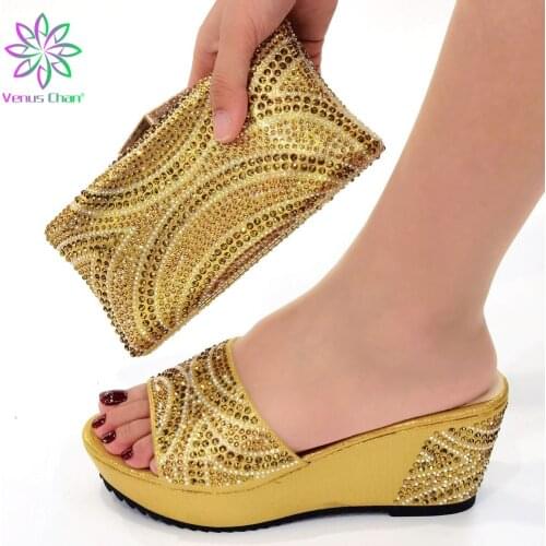 Latest Design African Womens Party Shoes and Bag Golden Italian Shoes with Matching Bags for Women Crystal Wedding Shoe