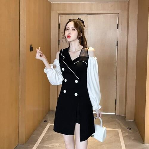 New arrival women Double breasted off shoulder mini asymmetrical dress and short pant fashion high quality work style women set