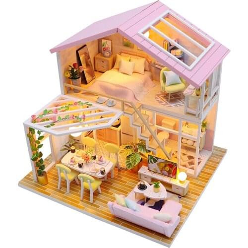 New DIY Wooden Dollhouses Sweet Time Pink Princess Loft Assembled Miniature with Furniture Doll House Toys for Kids Girls Gift