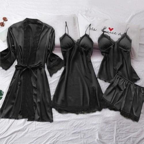 4PC Silk Robe Sleep Suit Womens Lace Satin Pajamas Gown Set V-Neck Cami Nighties Wear Pijama Home Nightwear Spring Nightdress