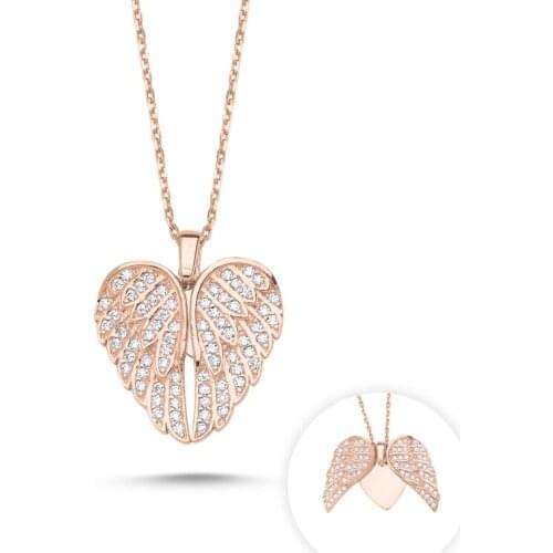 Silverlina Silver Wing & Heart Zircon Stone Moving Necklace