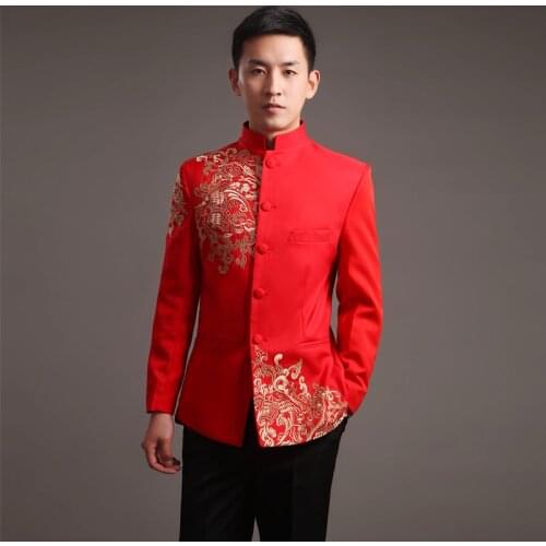 Modern Cheongsam Top Vestido Oriental Traditional Groom Qipao Red Embroidery Chinese Clothes Men Tunic Suit Traditionnel Chinois