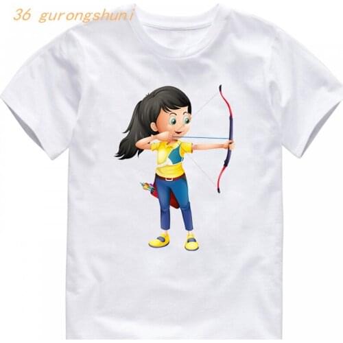 Funny cartoon t shirt boys t shirts young girl playing archery t-shirts white tops for girls shirts kids tshirt children clothes