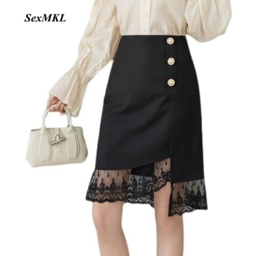 Women Lace Patchwork Black Skirts 2021 Fashion A Line High Waist Mujer Faldas Korean Clothes Slim Elegant Office Sexy Midi Skirt