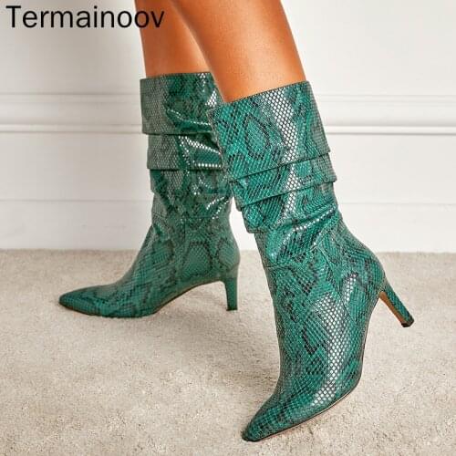 Termainoov Women Boots Knight Boots Fashion Pointed Toe Snake Skin Stiletto Boots Stone Print High-heeled Winter Boots