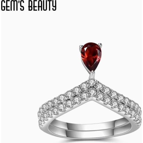 GEMS BEAUTY 925 Sterling Silver Chevron V Band 2 Ring Sets Natural Red Garnet Gemstone Handmade Stacking Finger Ring For Women