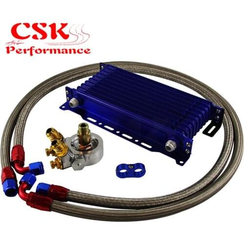 10 Row Engine Trust Oil Cooler w/ Thermostat 80 Deg Oil Filter Adapter Kit Blue/ Black