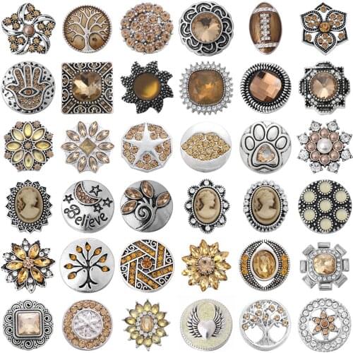 5pcs/lot New Snap Jewelry Brown Crystal Rhinestone Owl Fower 18mm Metal Snap Buttons Fit DIY 18mm Snap Bracelet Necklace