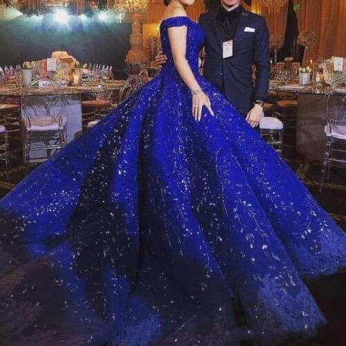 Royal Blue Quinceanera Dresses Beads Crystal Applique Off Shoulder Prom Gowns Gorgeous Lace Ball Gown Engagement Dress