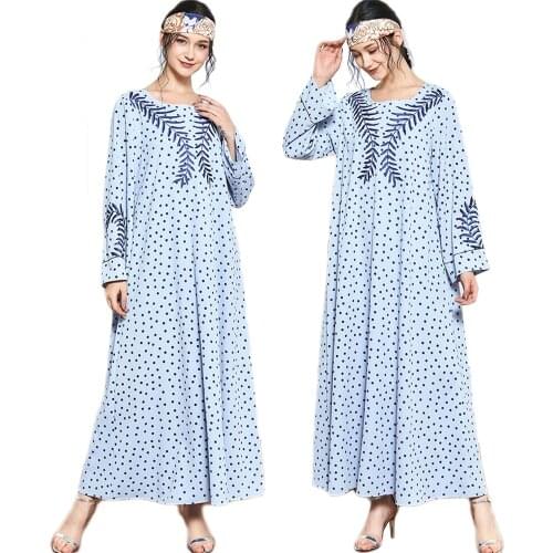 Muslim Women Embroidery Long Dress Polka Dot Abaya Arab Jilbab Dubai Long Sleeve Ramadan Islamic Maxi Robe O-neck Middle East