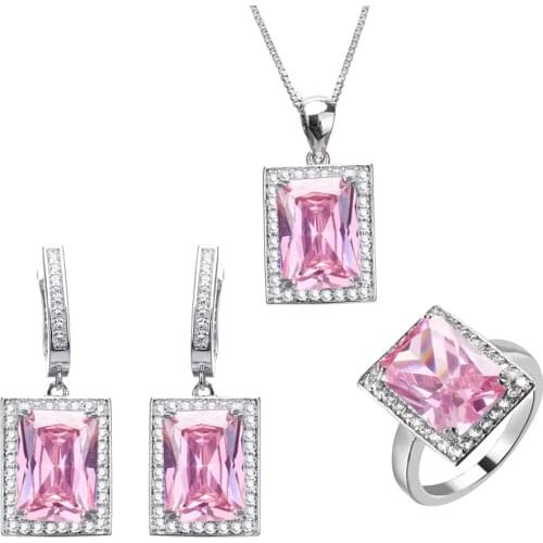 Hermosa Jewelry Pink Kunzite Silver Color Sets Pendant With Chain & Earrings & Ring 6# For Womens