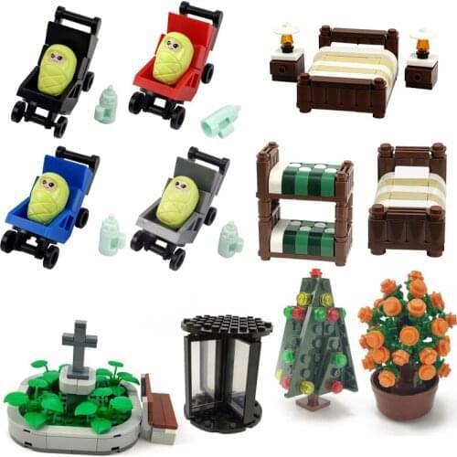 Toys For Children Single Bed City Building Blocks Street View Pond Bench Set Baby Carriage Model Bed Compatible MOC Citys