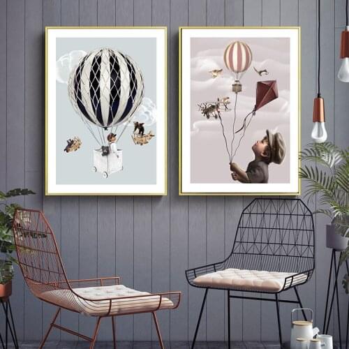 HAOCHU Minimalist Children Dream Hot Air Balloon Animal Bedroom Home Decoration Painting Canvas Art Print Wall Poster Child Gift