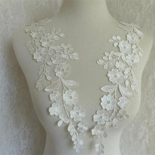 New Arrivals Ivory White Embroidery Floral Lace Applique For Wedding Dress ,Blouses,Shirts Sell By One Pair