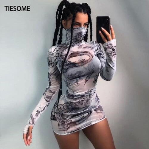 TIESOME Mesh Material Bodycon Mini Dress Women Turtleneck See-through Dragon Print Party Dress 2020 Autumn Skinny Vestidos