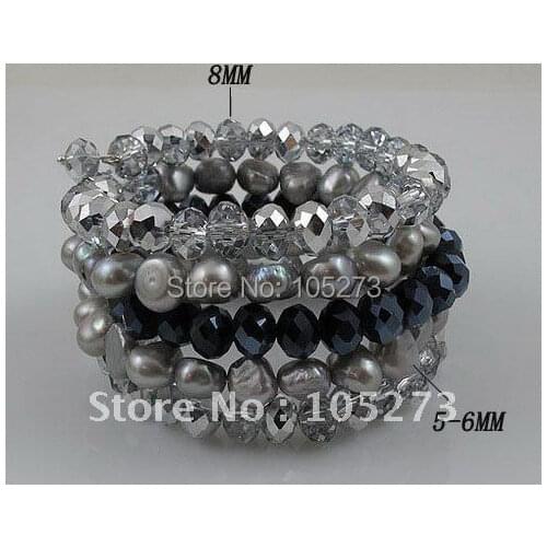 Charming!5rows bracelet Gray color Genuine freshwater pearl & blue gray crystal bracelet size:7-8mm free shipping A2291