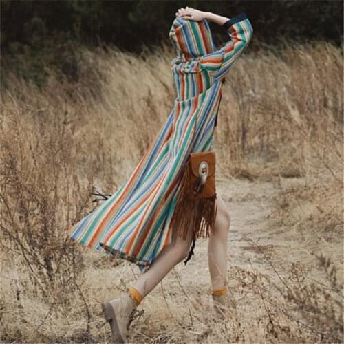 Women Long Coat Rainbow Striped Casual Spring Autumn Full Sweater Jacket Korean Lady Sweet Girls Coat Ponchos Simple