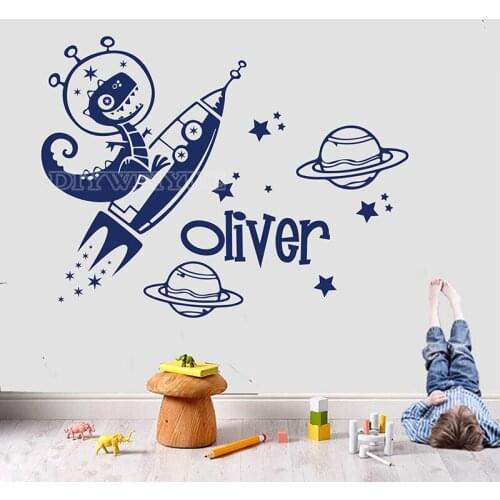 Custom Name Dinosaur Rocket Star Wall Decal Space Astronaut Rocket Dino Wall Decals Personalized Name Vinyl Kids Room Decor Z867