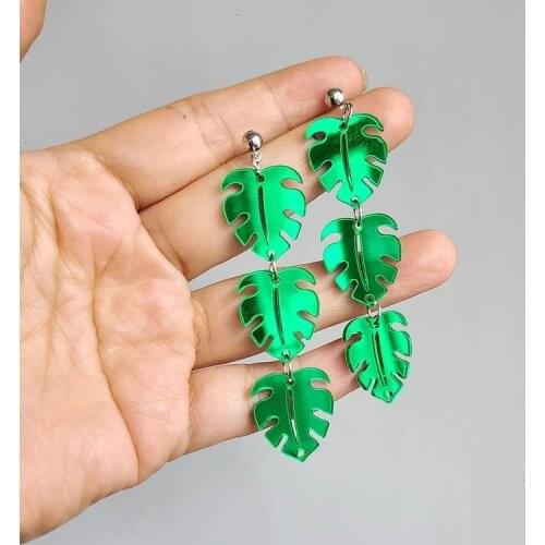 Long Tassel Mirror Surface Acrylic Earrings for Women Green Monstera Exaggerated Plant Dangle Earrings Female Fashion Jewelry