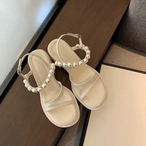 MEZEREON Women Summer Shoes Cow Leather Simple Sandals Ankle Strap Womens Shoes Elegant Open Toe Girls Party Pumps With Pearl