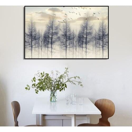 Modern Landscape Posters and Prints Wall Art Canvas Painting Mountain Forest Birds Pictures for Living Room Cuadors Decoration
