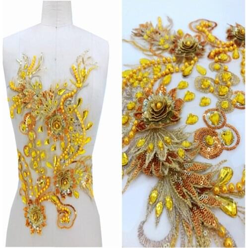 Three-dimensional flower golden lace applique with bead rhinestones trimming patches 42*27cm for dress accessory