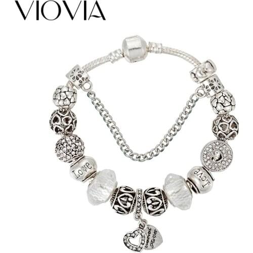 VIOVIA Love Heart Charm European Fashion Charm Bracelet For Women Kids Gift Crystal Heart Beads Brand Bracelet Pulseras B17041