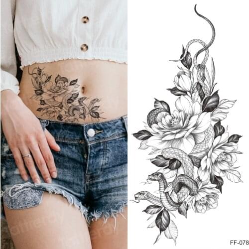 Waterproof temporary tattoos for women rose peonies snake black henna tatoo fake sexy girls body art stickers arm waist sleeve
