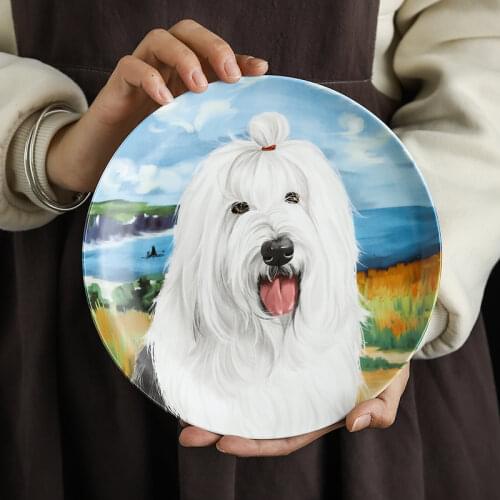 High Quality Bone China Old English Sheepdog Plate Porcelain Decorative Plate Holder Cake Dish Home Table Wall Decor Cute Gifts