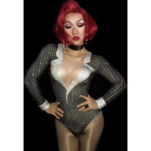 Women Fashion Outfit Diamond Leotard Birthday Celebrate Occasion Wear Glisten Teacher Uniform Costume Bling rhinestones Bodysuit