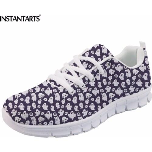 INSTANTARTS Women Casual Shoes Fashion Breathable Walking Mesh Lace Up Flat Shoes Boo Ghost Hunting Pattern Sneakers Tenis Flats
