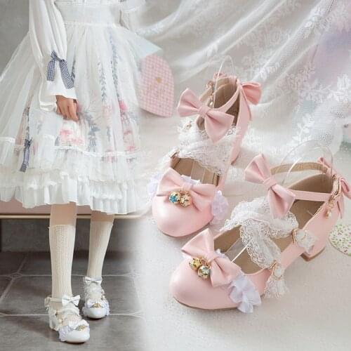 Women Pumps Shoes round Toe Butterfly-knot belt buckle fashion spring Shallow mouth thick mid Heels Lovely Party Lolita Shoes