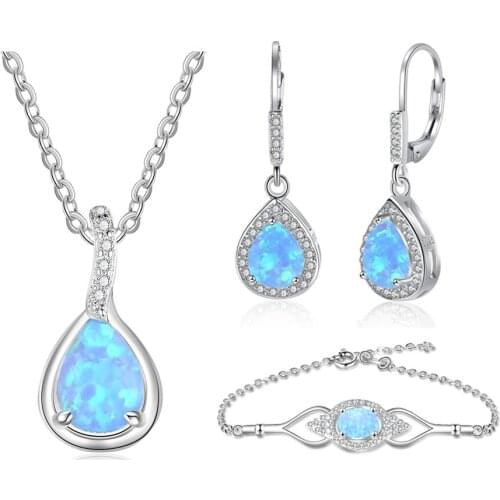925 Sterling Silver Jewelry Sets Clear Cubic Zircon Necklace Women Earrings Blue Opal Stone Bracelet Luxury Opal Jewelry Sets