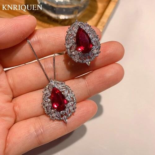 Vintage 8*14mm Ruby Gemstone Jewelry Sets for Women 925 Sterling Silver Rings Pendant Necklace Party Wedding Accessories Gift