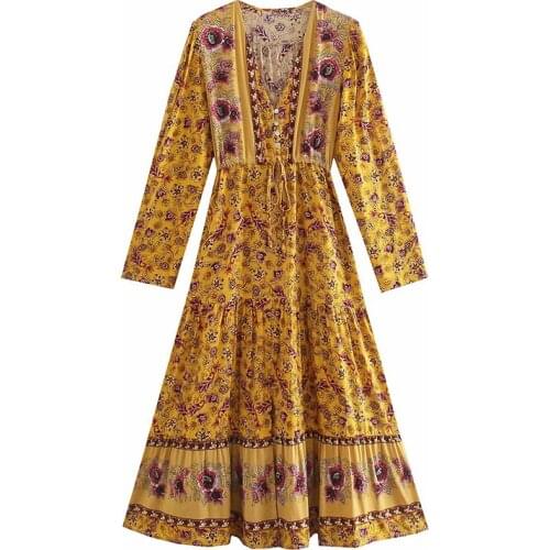 YENKYE Holiday Summer Dress Women Floral Print Yellow Casual Long Dress Female V Neck Drawstring Waist A-line Boho Vestido