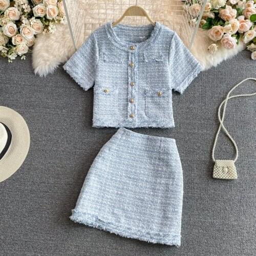 2021 Summer new design womens o-neck short sleeve tweed woolen coat and a-line skirt 2 pcs dress twinset suit ML
