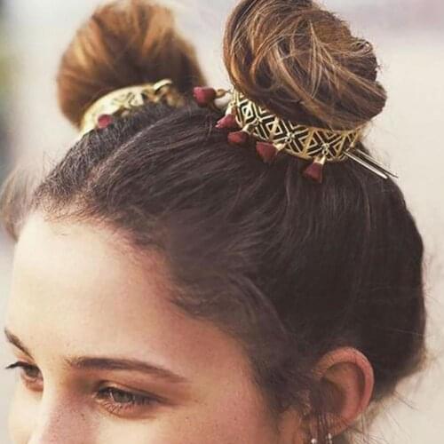 2021 Fashion Vintage Metal Hollow Out Hair Ring with Tassels Hair Ornament Elegant Girs Geometric Hair Stick for Pageant